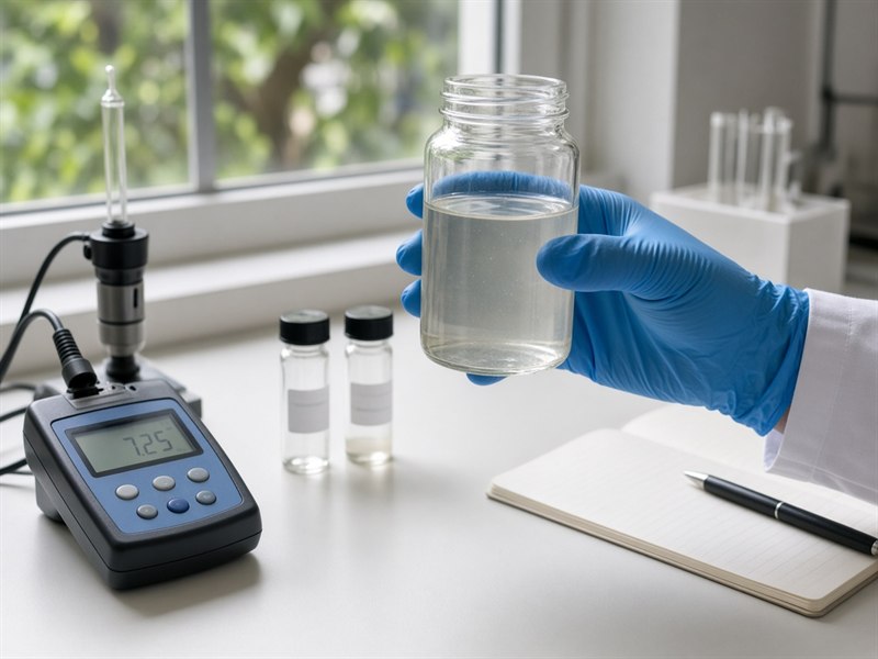 Mão com luva azul segura um frasco de vidro com amostra de água ao lado de um medidor de pH em bancada de laboratório