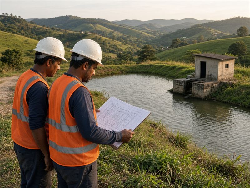 Dois engenheiros de capacete e colete analisam uma planta diante de um reservatório rural na região bragantina