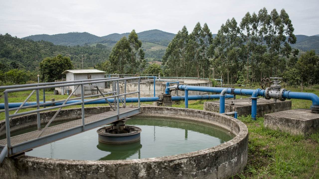 Decantador circular e tubulações azuis de uma estação de tratamento de água na zona rural da região bragantina